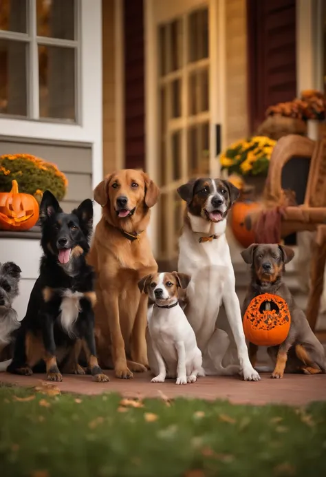 A group of real dogs dressed up for Halloween sitting on a front porch with a bowl of dog treats.