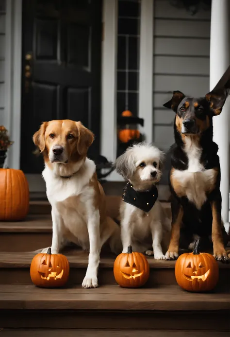 A group of real dogs dressed up for Halloween sitting on a front porch with a bowl of dog treats.