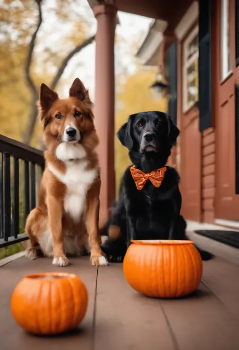 Two dogs in costumes sitting on a front porch with a bowl of dog treats and a Jack o lantern.