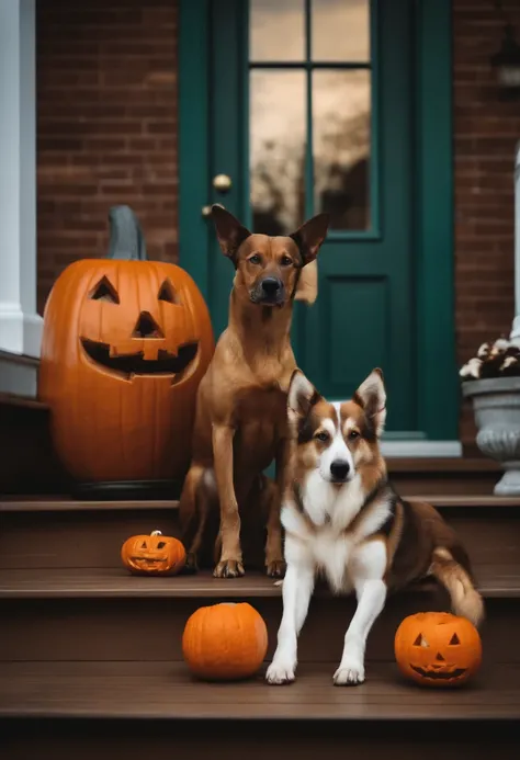 Two dogs in costumes sitting on a front porch with a bowl of dog treats and a Jack o lantern.