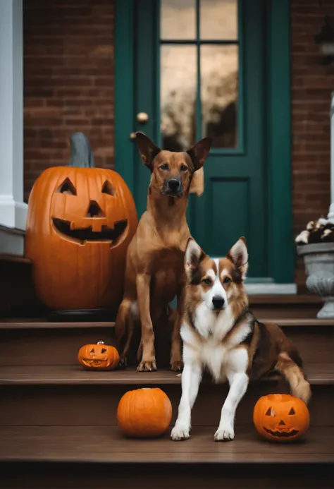 Two dogs in costumes sitting on a front porch with a bowl of dog treats and a Jack o lantern.