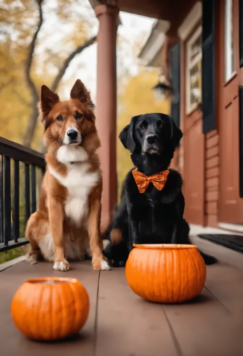 Two dogs in costumes sitting on a front porch with a bowl of dog treats and a Jack o lantern.