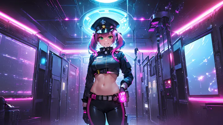 masterpiece:1.4, 1girl ((20year old, dressed in a Futuristic purple military uniform tight crop top, tight futuristic military pants, boots, medium breasts, multicolor pink hair, twin ponytails, perfect model body, green eyes:1.4, Wearing a military hat, f...