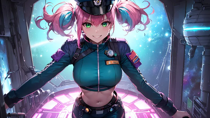 masterpiece:1.4, 1girl ((20year old, dressed in a Futuristic purple military uniform tight crop top, tight futuristic military pants, boots, medium breasts, multicolor pink hair, twin ponytails, perfect model body, green eyes:1.4, Wearing a military hat, f...