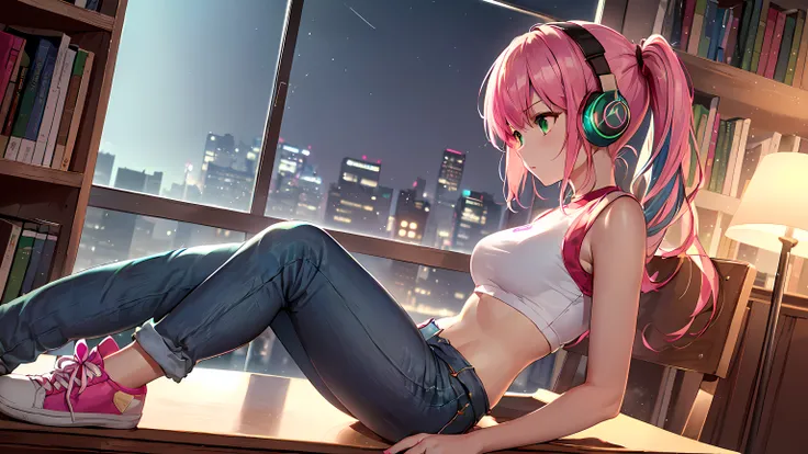 masterpiece:1.4, 1girl ((20year old, dressed in a tight crop top, tight blue jeans, sneakers, medium breasts, multicolor pink hair, twin ponytails, perfect model body, green eyes:1.4, Wearing headphones, studying in a library, face focused, test preparatio...