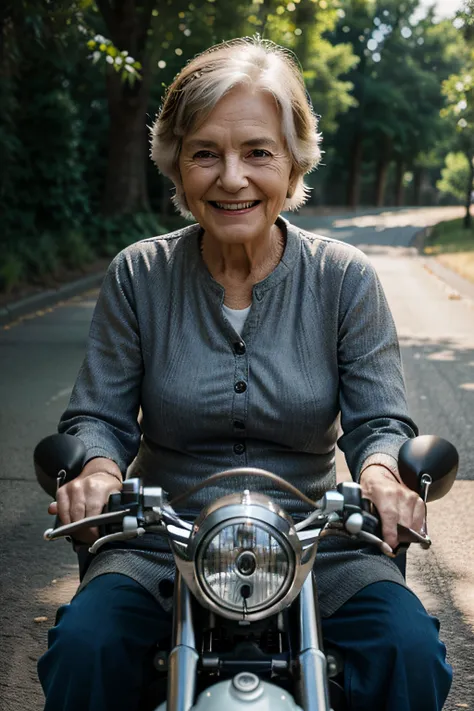 a beautiful smiling 80 year old lady sitting on a motorbike, cinematic, ultra realistic