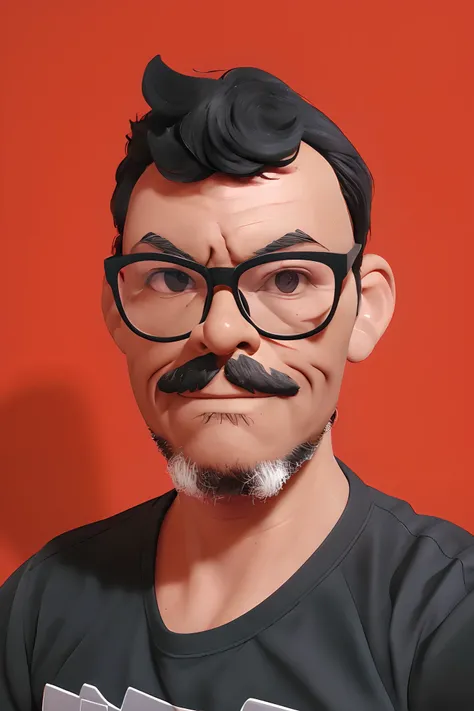 Waist-length portrait in (((Disney Pixar 3D style))) of a dark-skinned man with glasses, side-swept black hair, short black mustache and gray beard wearing black t-shirt. sharp focus. Depth of field. City background