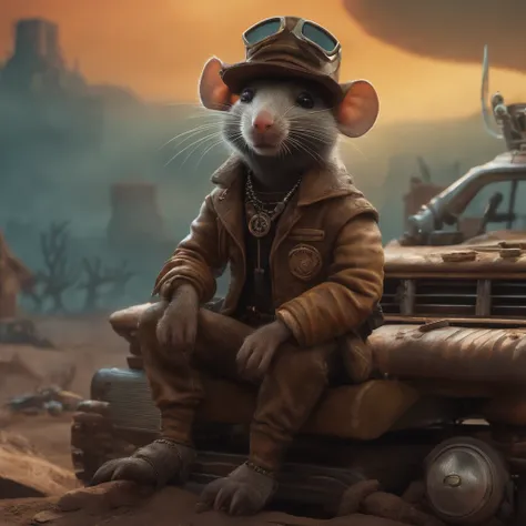 "((post-apocalyptic world, atmosfera arenosa, dystopian landscape)) Madmax" A rat wearing hip hop outfit next to cigar smoking in 3D style animation