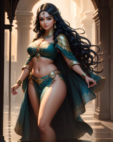 (masterpiece portrait photography:1.3) of a (solo:1.3) ravishing alluring chubby maharani Rukmini Iyer, walking on a rainy ancient city street, wearing ornate fractal armour, intricate robes, cape & saree, battle ready, navel, reflections on street, (flowi...