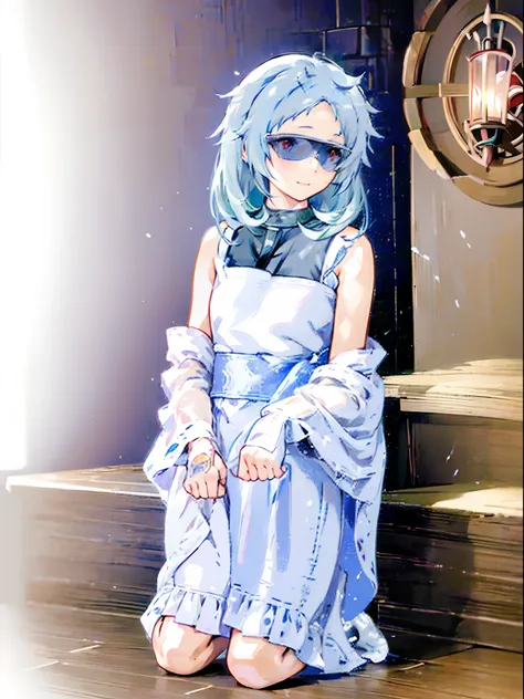 Mushoku Tensei Sylphiette, masterpiece, best quality, realistic, (1 girl: 1.3),dark glasses, blue gold white clothes, smile, tea towel, shoulder-length hair, snow white skin, bare shoulders, full body,