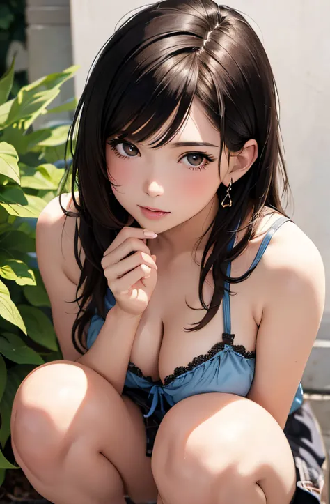 girl in summer clothes, taking a picture crouching, close up picture, medium breasts, flirtatious look, ((very detailed)), (perfectly detailed face), (well detailed hand), (well detailed hand), (well detailed hand) photorealistic image.