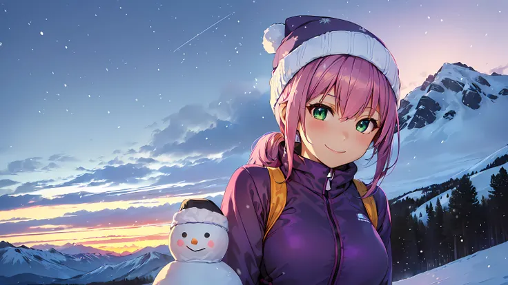 masterpiece:1.4, 1girl ((20year old, dressed in a purple tight one-piece ski suit, ski boots, medium breasts, multicolor pink hair, twin ponytails, perfect model body, green eyes:1.4, wearing a beanie, flirting, happy, big smile, looking up, standing next ...