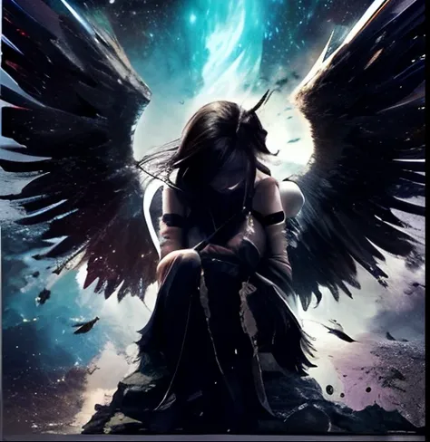 a woman with wings sitting on a rock in the middle of a galaxy, fallen angel, dark angel, angel with black wings, wings are clouds of darkness, fallen angels, human need death angel, raven angel wings, cosmic horror entity with wings, the angels are crying...