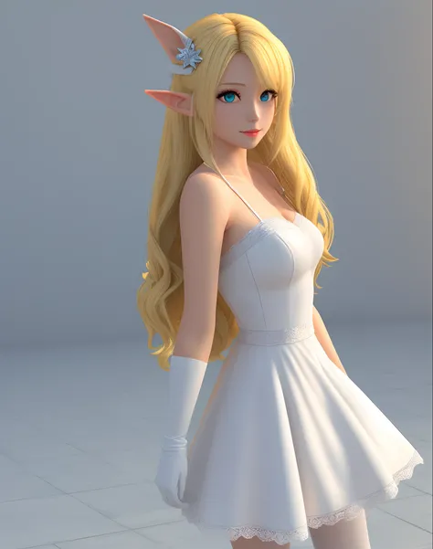 3d girl with long blonde hair that gradients to white, white dress, shoulder length gloves, white stockings, elf ears, left eye yellow, right eye blue