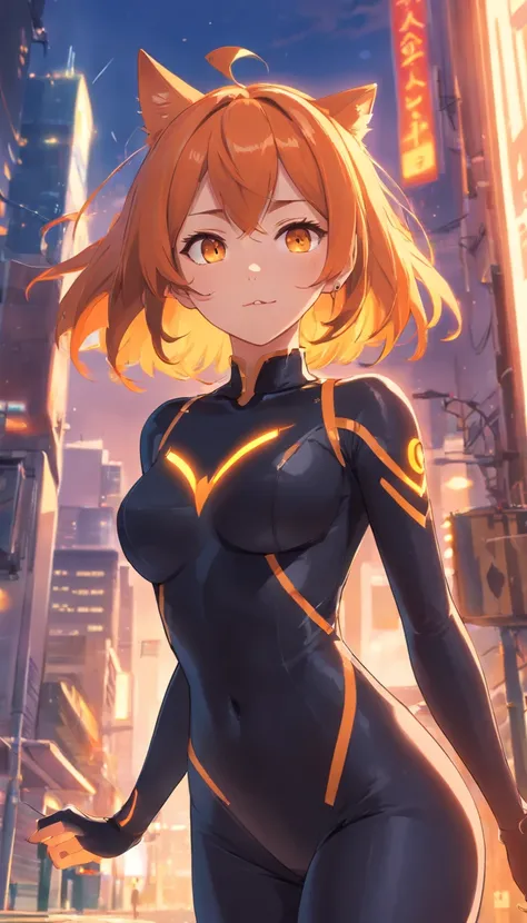 ​masterpiece、1 female、Orange hair、Colossal tits、Big ass、Black catsuit、yellow  eyes、Thigh、a short bob　、ishine、(Spark:0.7)、Brown skin