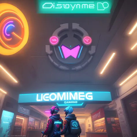 Logo gaming neon avec le pseudo GAMA sur fond ville