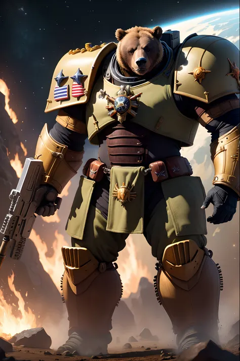 Warhammer 40k space marine but it is a grizzly bear in the armor the armor is olive drab and dark earth