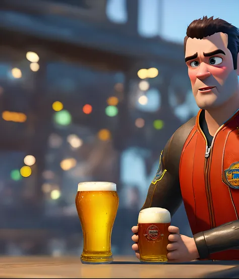 Super hero chubby hair shaved brown skin with glass of beer in hand Disney Pixar style