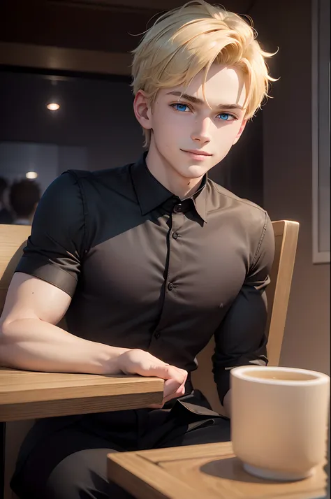 realistic 8k image of a 15 year old young man, blond, strong, short hair combed back, blue eyes, square chin, dressed in a black dress blouse and black pants, sitting at the table, night, dining room, happy expression , anime style art