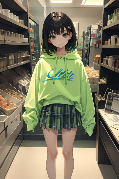 child，（​masterpiece，Highest Quality），Light green sheer hoodie，Plaid skirt，A dark-haired