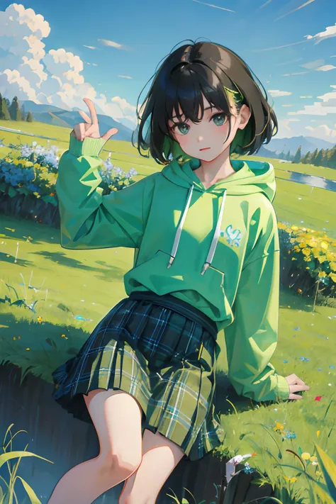 child，（​masterpiece，Highest Quality），Light green hoodie，plaid skirts，A dark-haired，grass field