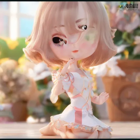 super cute girl ip from pop mart, Strahlende Augen, Cherub,little white dress, Ton, Modelle, Ein Blindbox-Spielzeug, Shiny and delicate,Sauberer Hintergrund, Guter Glanz, 3D-Rendering von,best quality