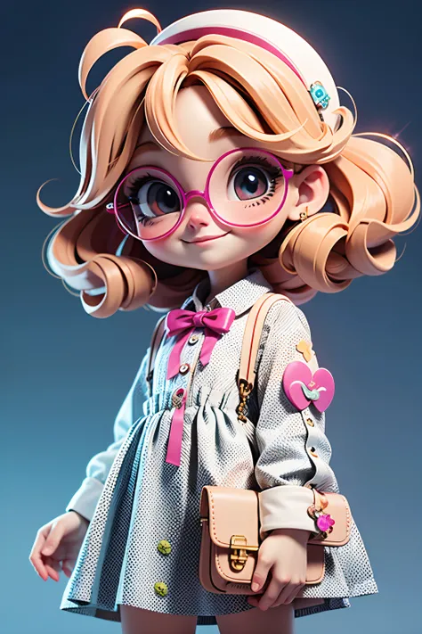 Loli cute girl, cabelo preso, cabelo solto, modern accessories , Eyeglasses, olhos detalhados, sorriso detalhados, detalhes detalhados, Holographic,  fundo claro e simples