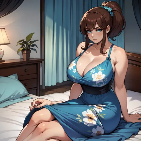 (one female: 1.5), wearing blue floral summer dress, brown long ponytail, beautiful blue eyes, showing cleavage, sitting on bed alone, alone (SOLO: 1.5),(ALONE: 1.5), large chest, curvy, beautiful detailed eyes, perfect hands, perfect body