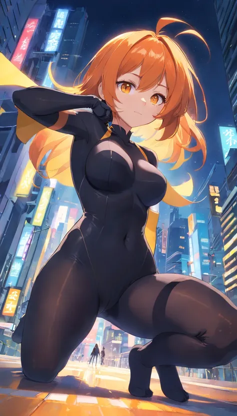 1 female、Orange hair、huge breasts、huge ass、Black catsuit、yellow  eyes、Large, thick thighs、Short Bob、wide hips、pantyhose