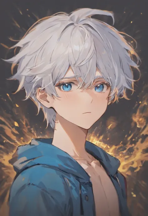 White-haired young anime man, slightly wavy hair, blue eyes, earrings, neutral expression