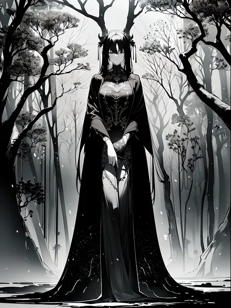 ((Best quality, 8K, Masterpiece: 1.4)),((Amazing detail: 1.3)),((illustration: 1.2)),((high resolution: 1.1)),A tree made up of skeletons,Black and white painting,Black and white illustration,Dark sky,Dark style,Dark fantasy,Horror,Detailed cover artwork,S...