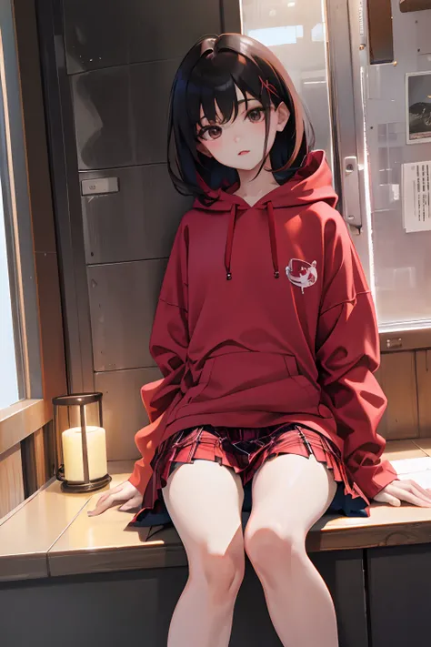 child，（​masterpiece，Highest Quality），Light red sheer hoodie，plaid skirts，A dark-haired