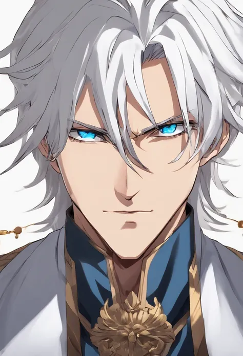 White-haired 30 year old anime man, slightly wavy hair, blue eyes, well built, earrings, angry expression