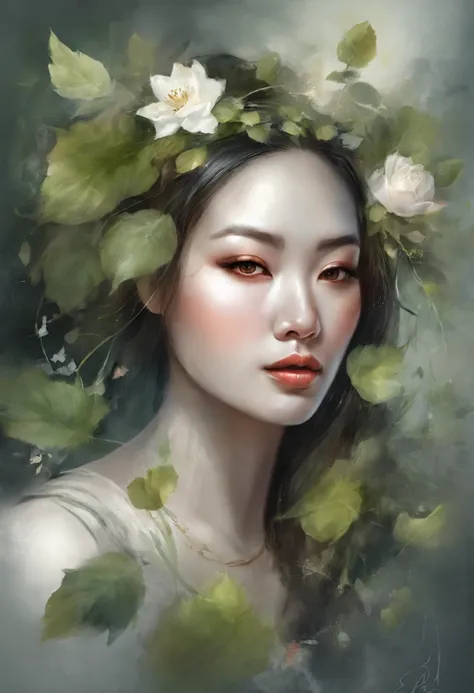 White face and white head，Asian women have leaves,holding a mic，Singing， beautiful fantasy portrait, beautiful fantasy art portrait, Beautiful surreal portrait, fantasy portrait, fantasy art portrait, detailed matte fantasy portrait, portrait of a dark fan...