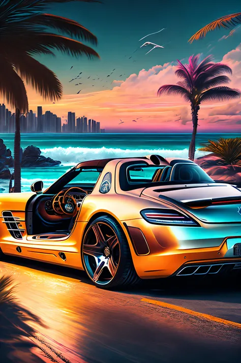 "voiture mercedes sls en or, palmiers, gta, ocean drive Environnement cyberpunk, Halfway through the journey, Art vectoriel vibrant, Hydro74"