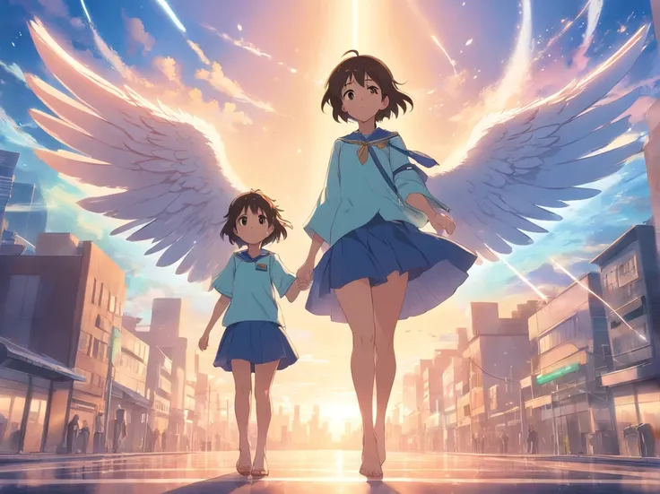 Retratar um renomado anjo arcanjo vestido com roupas brancas, 8k cinematic, realista e de corpo inteiro, who came down to earth. Create a guardian angel assigned to protect a special child. Este anjo masculino tem cabelo escuro humano ;, Radiant eyes and t...