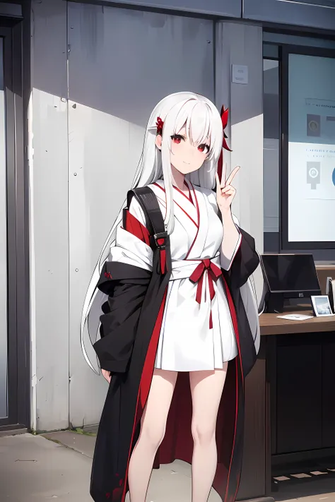 8l, 4k, high resolution, a vampire girl with white hair and red eyes, she is standing in a white kimono. she has her mouth wide ...