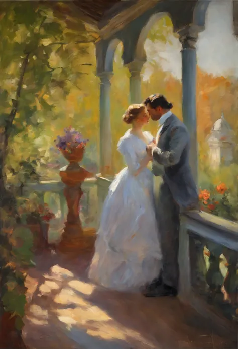 Full body shot, a Victorian female couple embracing on a veranda