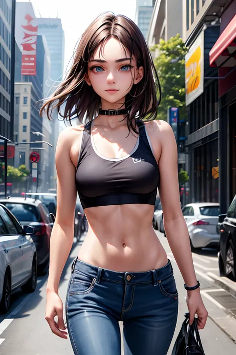 18 year old girl walking around city, happy face, collar, sports bra, baggy pants, clean skin, super skinny, very detailed, detailed face, rachel cook