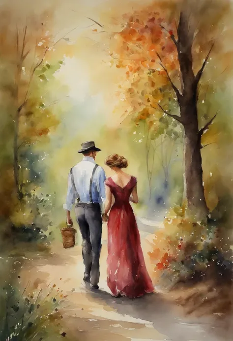 A walk in the park, A heartfelt moment between two lovers Their tender gestures reflect the sweet melody of a love affair in the making. Victorian era style