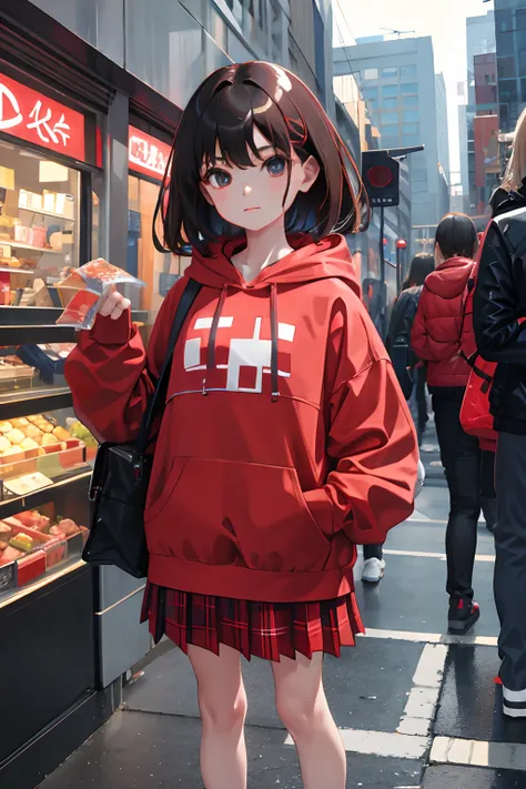 child，（​masterpiece，Highest Quality），Light Red Sheer Hoodie，plaid skirts，A dark-haired