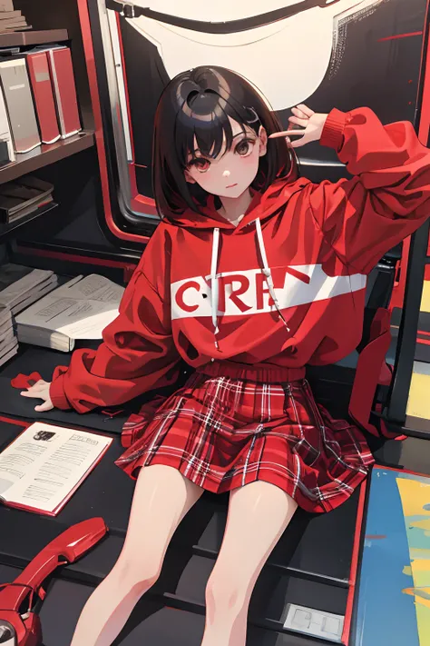 child，（​masterpiece，Highest Quality），Light Red Sheer Hoodie，plaid skirts，A dark-haired