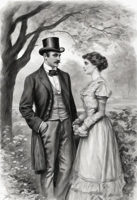 A tender moment between two lovers, walking in the park, captured in the classic Charles Dana Gibson style. A romantic couple where the woman is younger than the man and they are just starting a love relationship, they are walking in the park, they look sh...