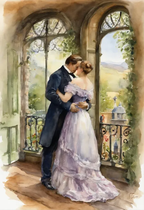 Full body shot, a Victorian female couple embracing on a veranda