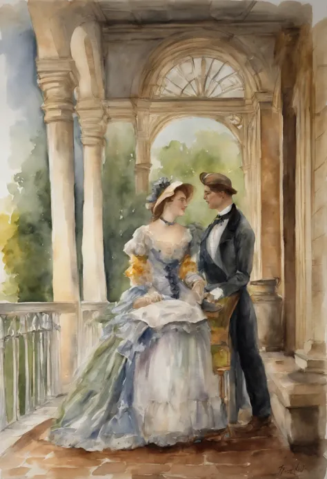 Full body shot, a Victorian female couple embracing on a veranda