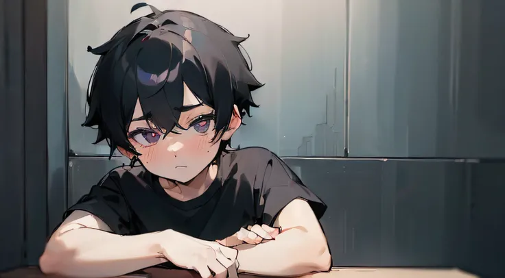 (cute:2), tired, exhausted, (having_no_self-confidence:1.5), 1 boy, black_hair, very_short_hair, black_eyes, black_t-shirt, look_at_viewer, shoot_from_front, upper_body