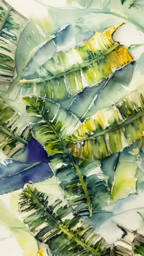 composition with foliage, banana leaves, painted with watercolor as the link image, there can be no people, only foliage, cant have banana only the leaves