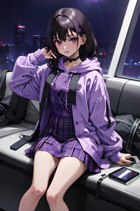 child，（​masterpiece，Highest Quality），Light Purple Hoodie，plaid skirts，A dark-haired，Vampires，nighttime scene