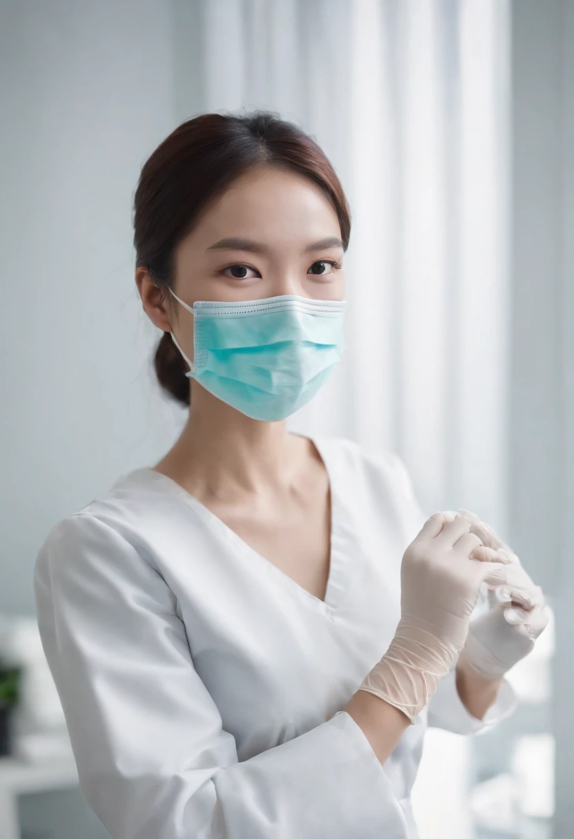 Dental hygienist Mei-Ling in a dental clinic. Highly realistic. Latex Gloves、Cream latex gloves、Long gloves、Glossy gloves、White Puff Sleeve Dress、Floral apron、Wear a surgical mask、The perfect surgical mask