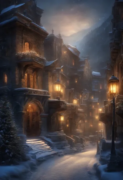 fantasy city, night, winter and cold,